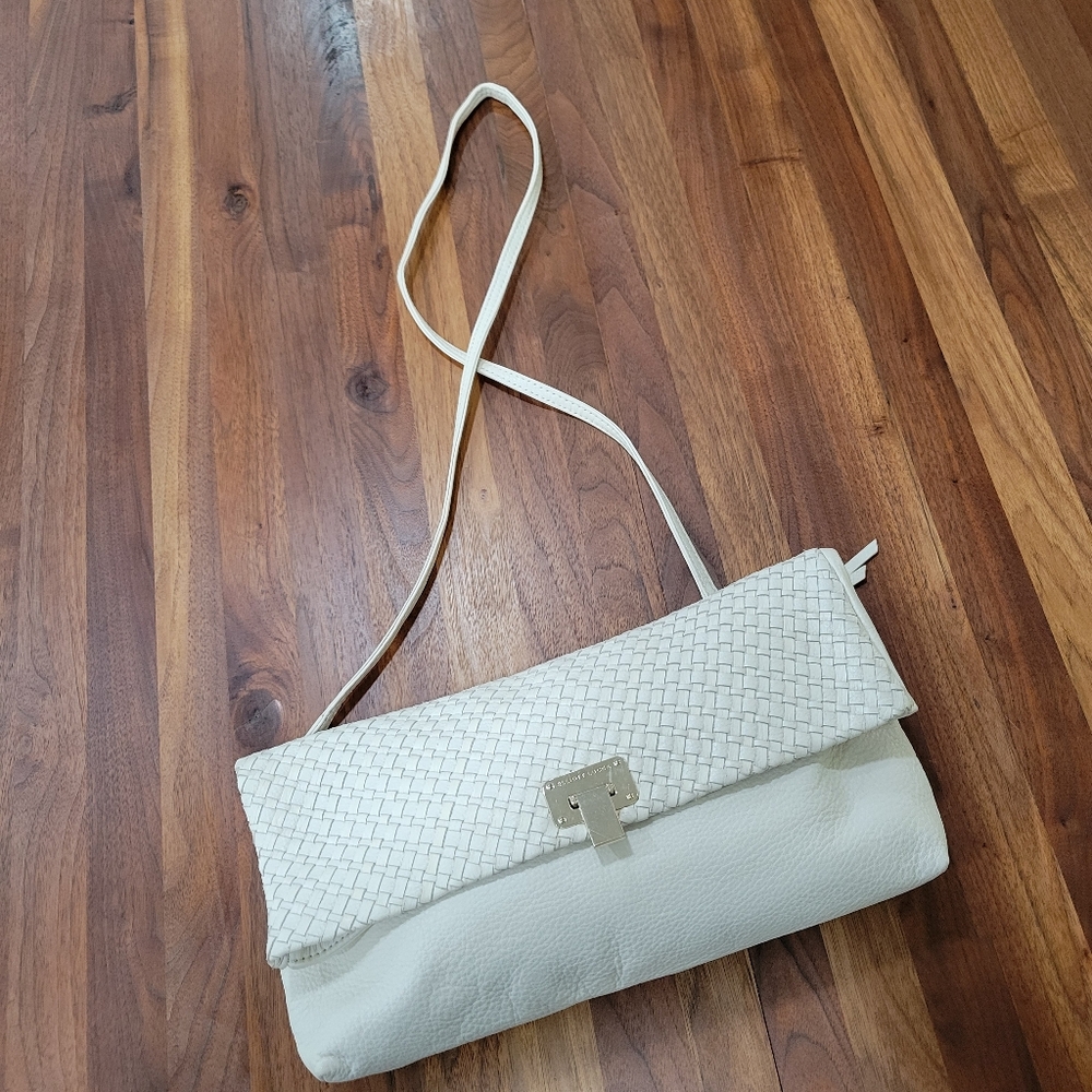 Elliot Lucca Woven Leather Crossbody Gold Hardware Foldover Zip Pockets